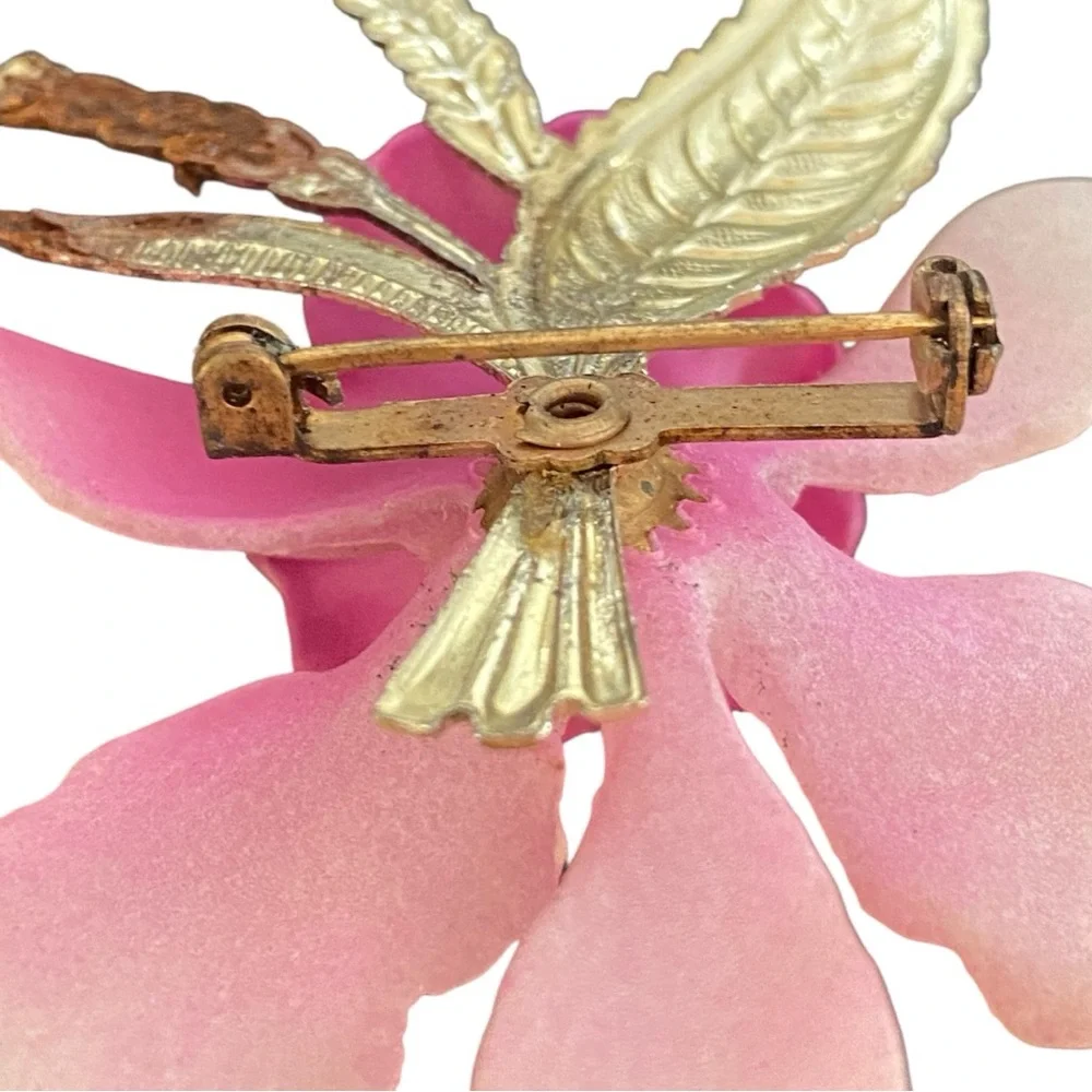 Vintage Pink Orchid Brooch Pin Gold Tone Floral Statement Botanical